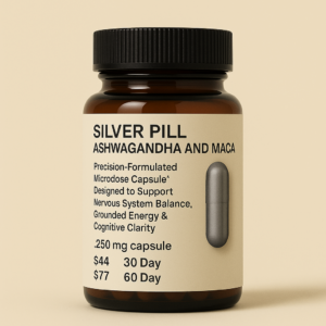 Amber supplement bottle labeled “Silver Pill | Ashwagandha and Maca” with a silver capsule illustration, highlighting nervous system balance and cognitive clarity on a neutral beige background.