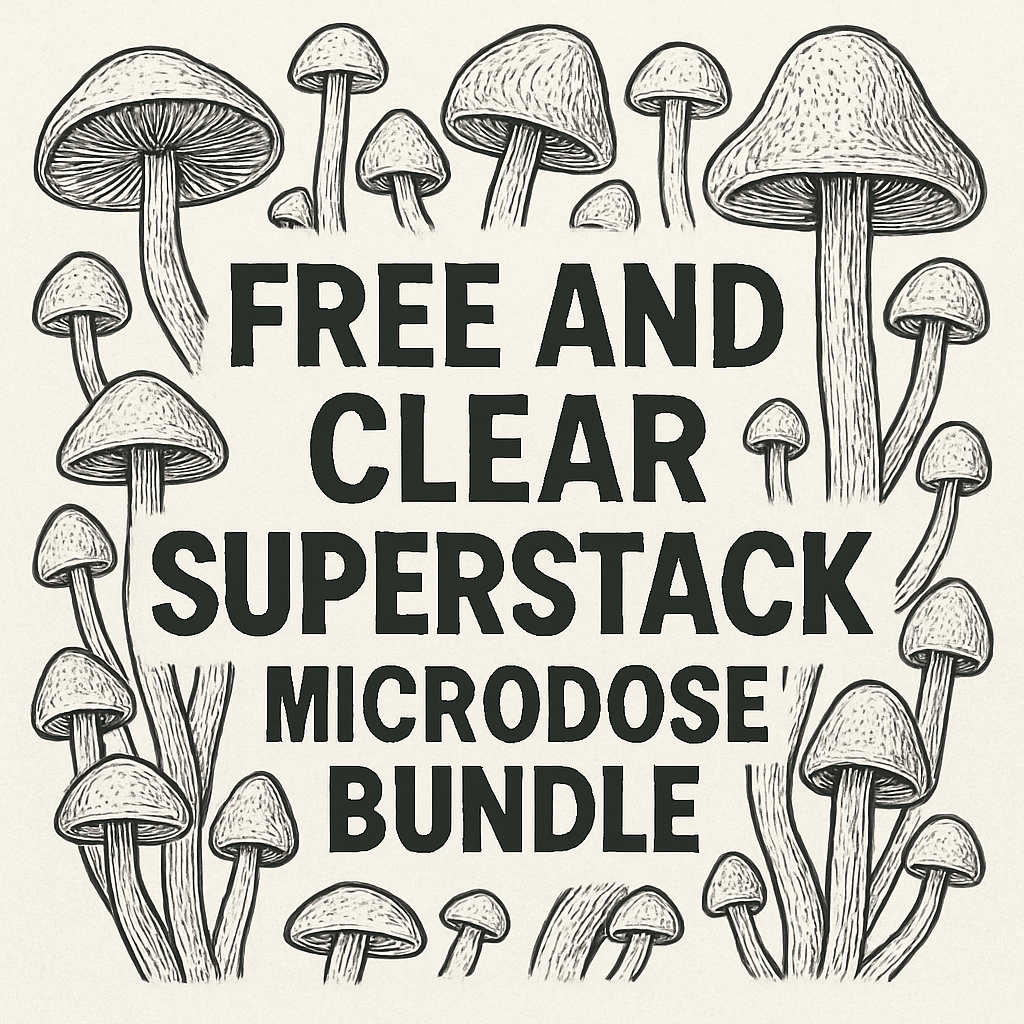 Free and Clear Superstack Microdose Bundle with artistic black and white mushroom illustrations.
