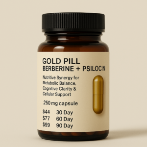 Amber supplement bottle labeled “Gold Pill | Berberine + Psilocin” with gold capsule illustration, featuring dosage and pricing on a neutral beige background.