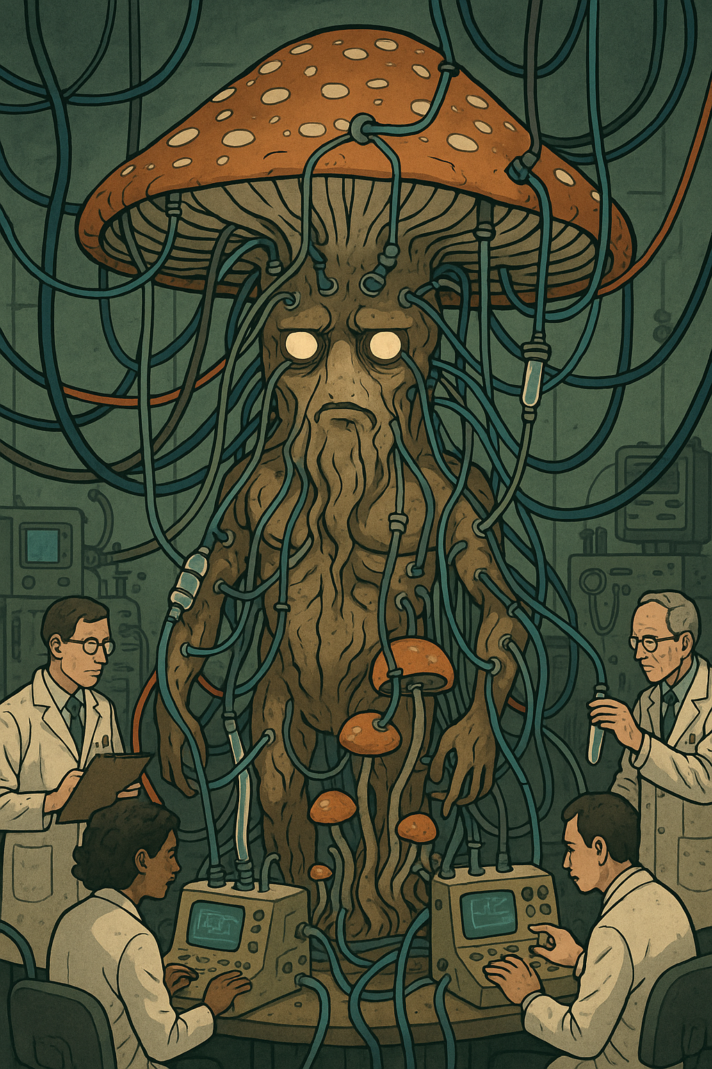 A surreal digital illustration of a towering mushroom deity entangled in wires and tubes, being studied by scientists in a dimly lit lab. The humanoid fungus has glowing eyes and an intense expression, surrounded by computers, lab equipment, and researchers.