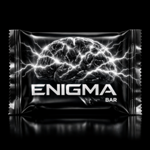 Glossy black Enigma chocolate bar wrapper with glowing brain and white lightning synapse design, futuristic chrome lettering, and minimal black-and-white trim on a dark background.
