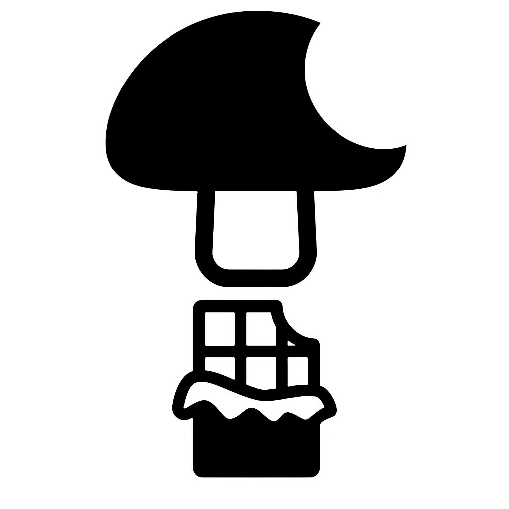 Minimalist black and white mushroom and chocolate bar logo.