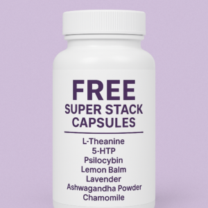 A white supplement bottle labeled "FREE Super Stack Capsules" with a lavender background.
