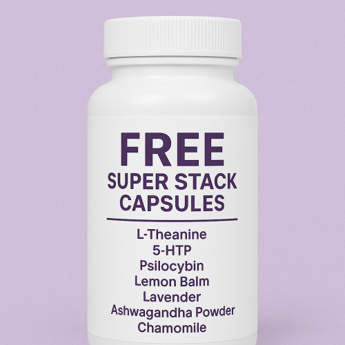 A white supplement bottle labeled "FREE Super Stack Capsules" with a lavender background.