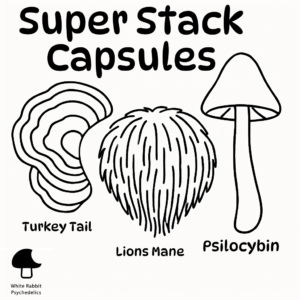 Line drawing of three mushrooms labeled Turkey Tail, Lion’s Mane, and Psilocybin with “Super Stack Capsules” text above and White Rabbit Psychedelics logo below.