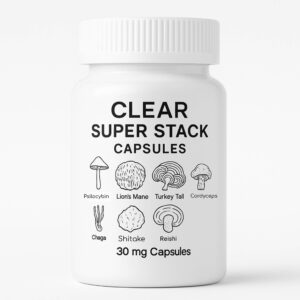 CLEAR Super Stack Capsules Bottle with Black Mushroom Outlines and Labels