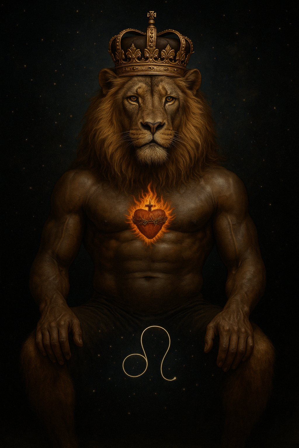 Symbolic artwork of a crowned lion with a flaming heart and the Leo zodiac sign, representing the New Moon in Magha Nakshatra, rulership, legacy, and illumination through ancestral power.