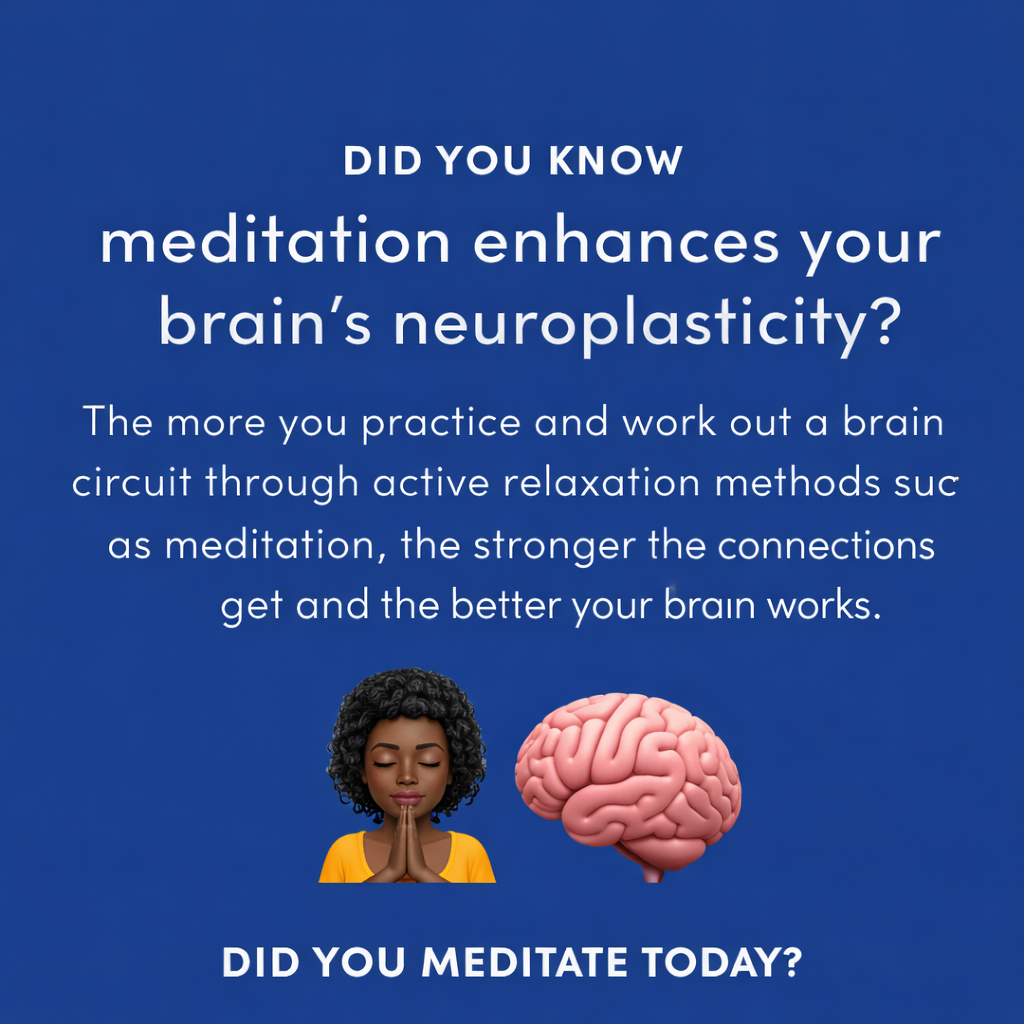 Meditation and neuroplasticity graphic showing a lifelike Black woman meditating beside a realistic brain on a royal blue background.