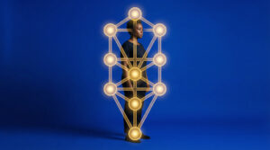 Woman standing within a glowing Kabbalistic Tree of Life diagram on a blue background