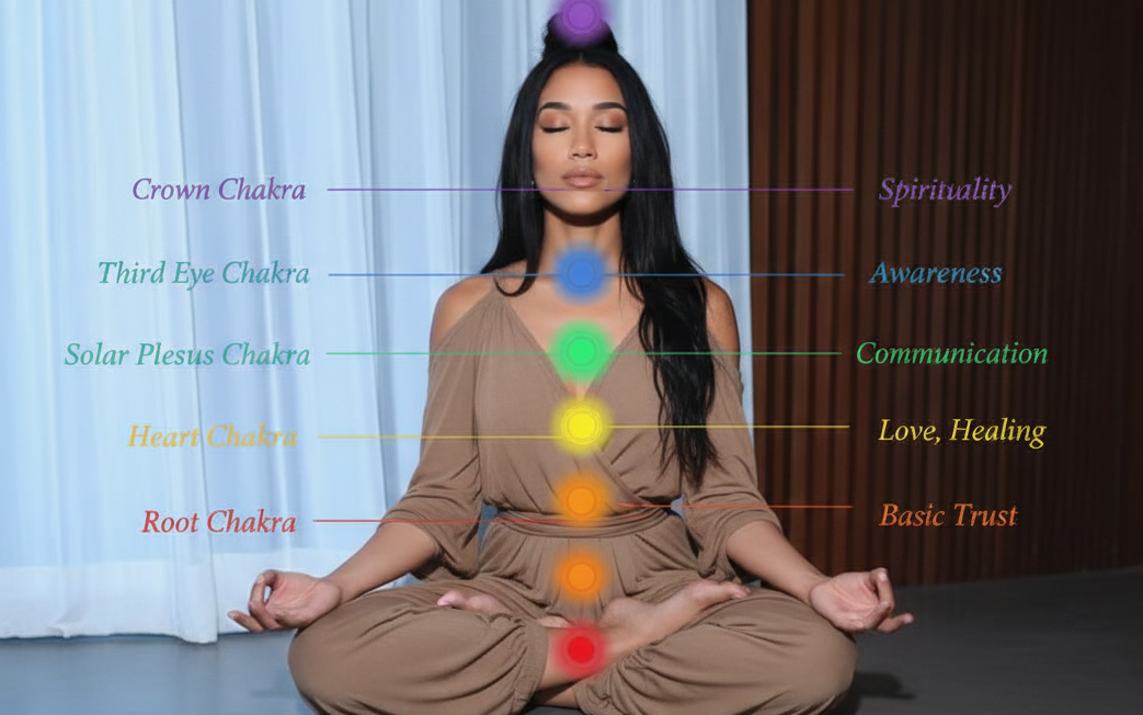 Woman meditating in lotus position with illuminated chakras aligned from root to crown, illustrating trance, meditation, and inner awareness.