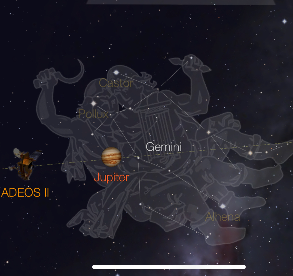 Astronomical sky map showing Jupiter transiting the constellation Gemini near the ecliptic at the end of 2025, with Castor and Pollux labeled above the Twins.