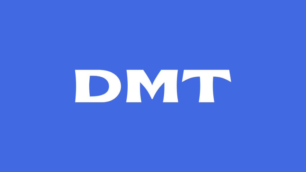 Minimalist blue logo featuring the white acronym “DMT,” representing “Did You Meditate Today.” The design uses bold, clean typography on a solid blue background.