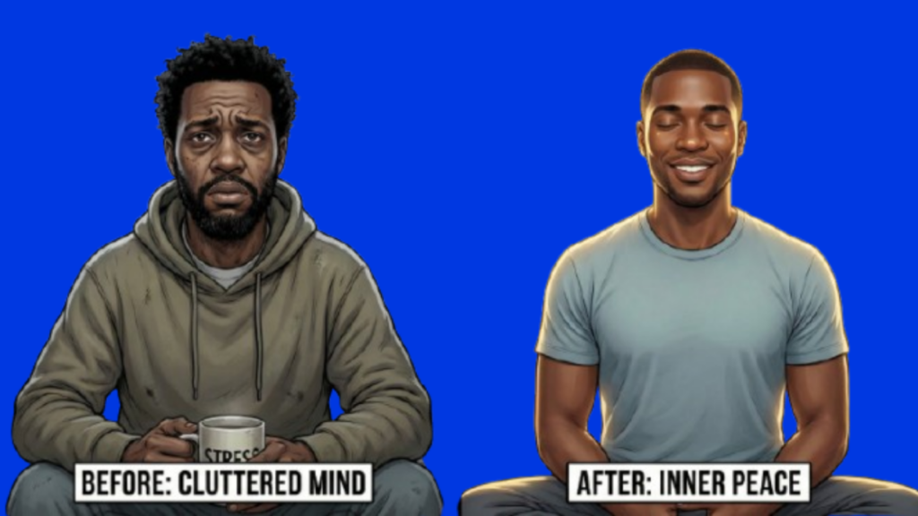 A side-by-side image showing a transformation through meditation. On the left, a tired Black man with a cluttered mind sits holding a mug labeled “Stress.” On the right, the same man appears peaceful, smiling with eyes closed in meditation. Background is royal blue, symbolizing clarity and inner peace.