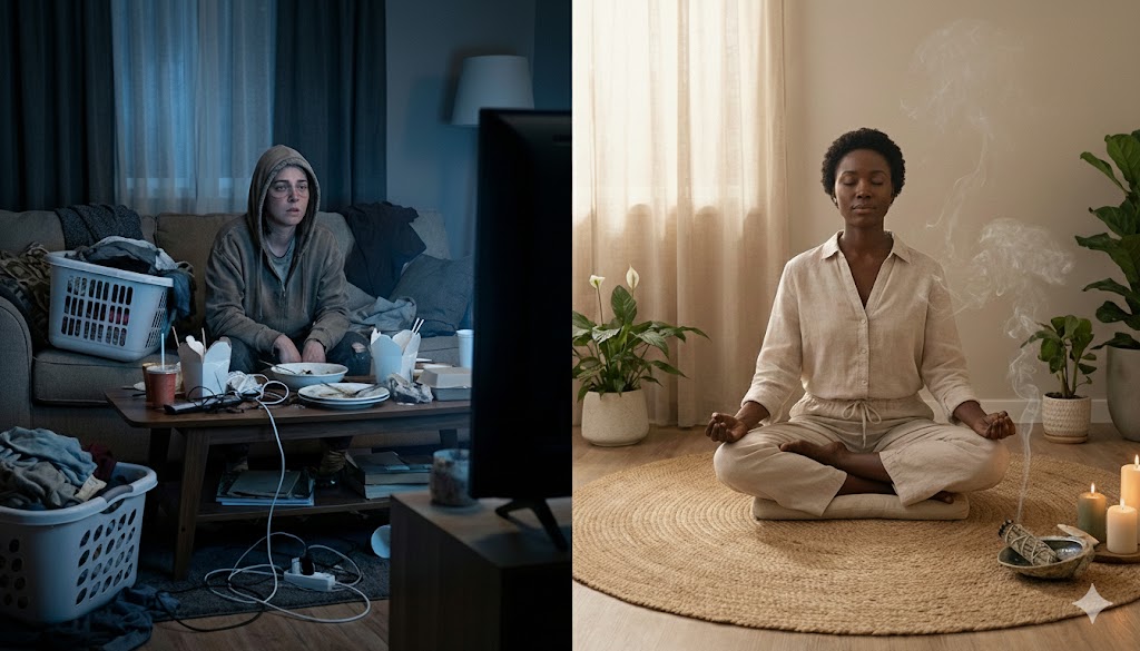 Split-screen image showing spiritual practice in a cluttered, chaotic room versus meditation in a clean, intentional space with smudge smoke and candles.
